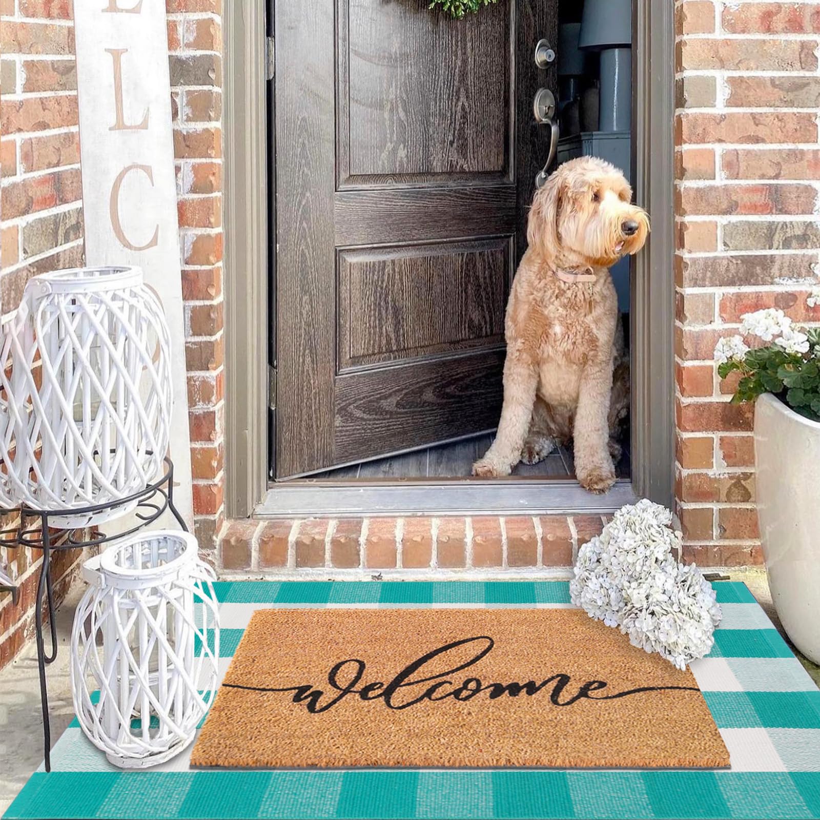 Fallovea Spring Welcome Door Mats Combo Set, 100% Coco Coir Doormat + 28" x 43" Green and White Plaid Rug, Front Porch Entryway Decor Indoor Outdoor Floor Easter Mats - Image 4