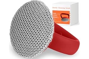 HERDA Cast Iron Cleaner Scrubber with Heavy Duty Handle, 3mm Welded Chain Mail Scrubber for Pan Pot Grill- Small Ring Chainmail Grill Scrubber Metal Scrub Sponge Skillet, Oven, Griddle, Wok Cleaning Brush