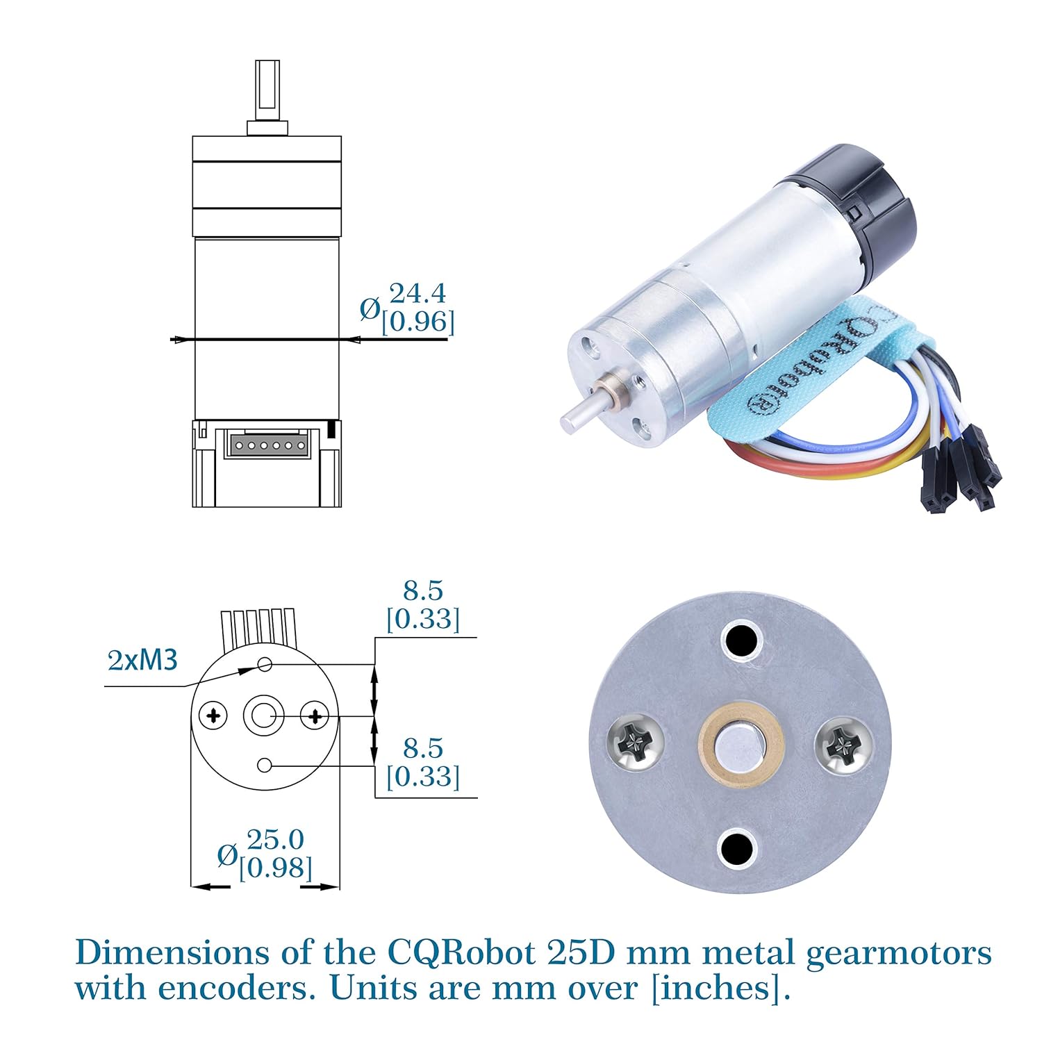 CQRobot 34.01:1 LP Metal DC Geared-Down Motor 25Dx66.5L mm 3W/6V with 48 CPR Encoder and Fix Bracket. 170 RPM/3.5 kg.cm (49 oz.in) - Image 3
