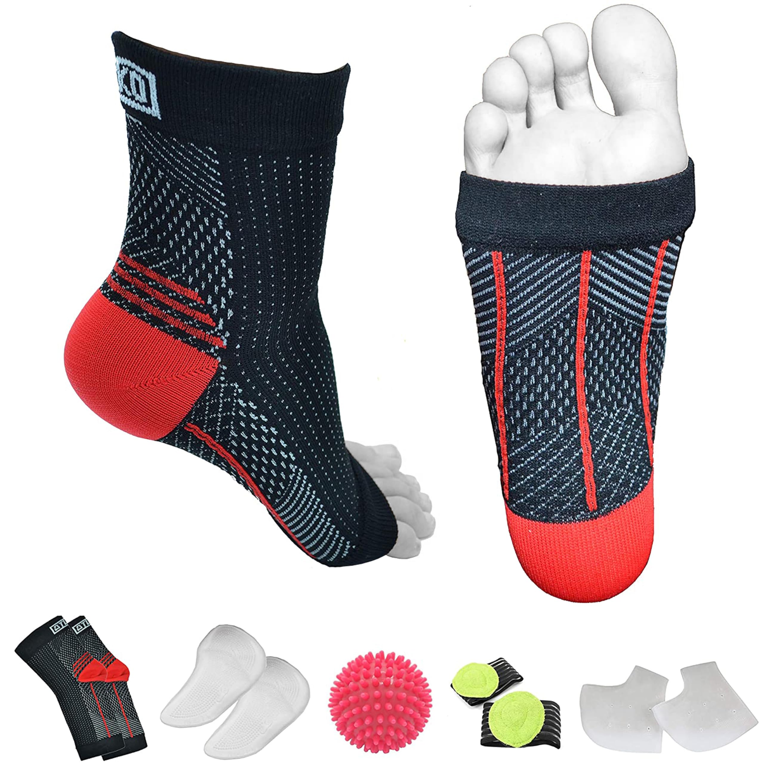 Atlecko Plantar Support & Relief Socks Kit - 11-Pieces, 2 PAIRS Plantar Fasciitis Socks - Comfortable Quality Compression (S/M)