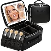 BeautyOnBoard Makeup Bag with LED Mirror, PU Leather Makeup Case - 3 Adjustable Brightness Levels, Lighted Cosmetic Case with Mirror, Dividers - Make Up Portable Storage Travel Organizer with Handle