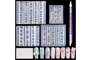 Laza 4pcs Bowknot Silicone Nail Art Molds, 3D Multiple Shapes Ribbon Lace Bows Charms Silicone Nail Accessories with Carving Pen Resin Nail Art Mold Manicure Tools for Women DIY Manicure Design