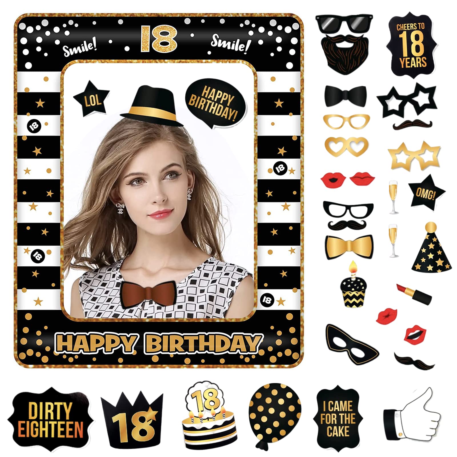 POPOYU 18th Birthday Decorations Girls Boys,Black Gold Inflatable Selfie Frame&34Pcs 18th Birthday Photo Booth Props,Giant Inflatable Party Photo Booth Frame for 18thBirthday Party Decoration