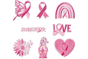 KIRAKO 8Pcs Pink Ribbon Breast Cancer Awareness Iron on Embroidered Patches Heart Butterfly Sunflower Rainbow Sew on Repair Applique DIY Crafts Accessories Gift for Women Girls Survivor Clothing Backpack Hat