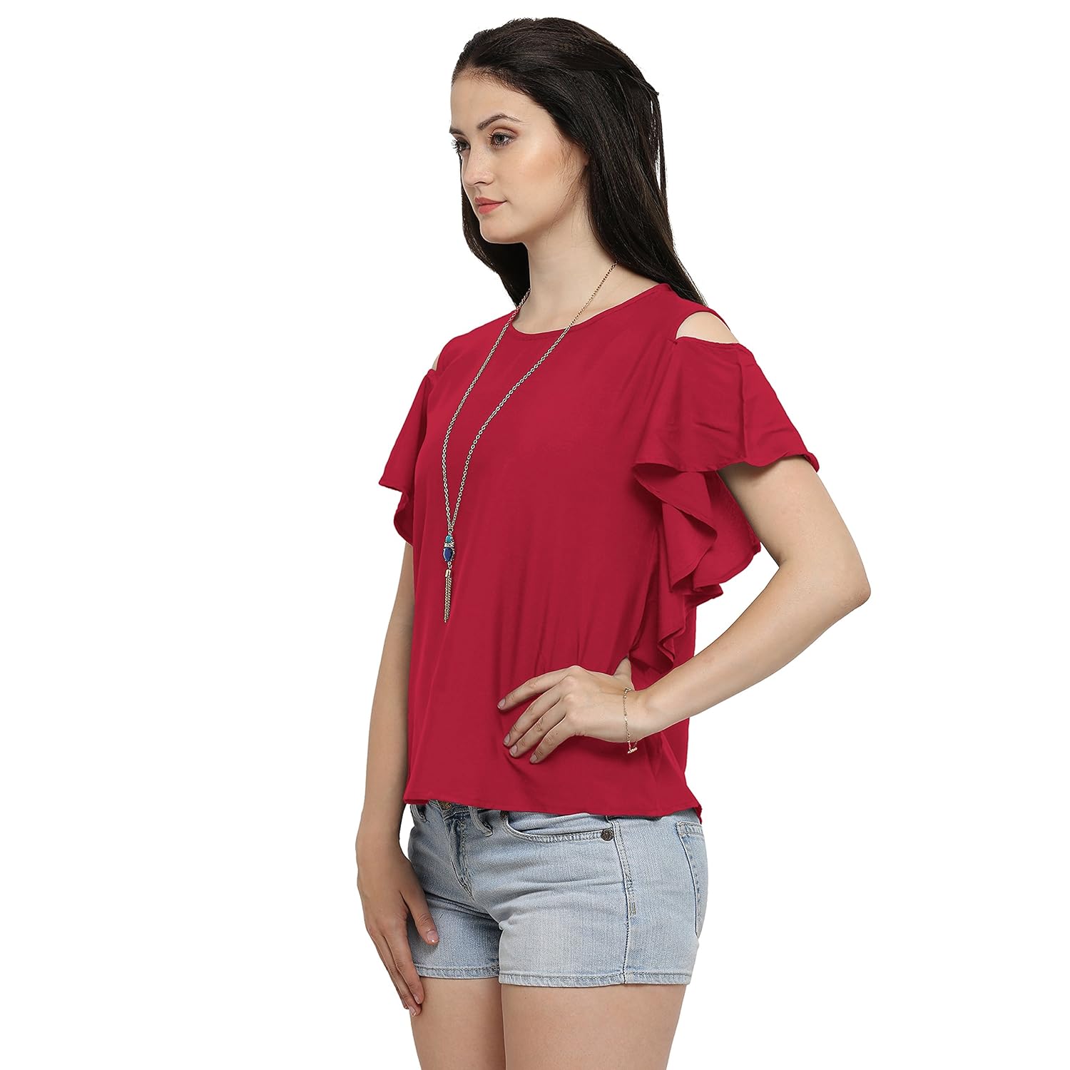 serein women's top (wine crepe top with cold shoulder and ruffles)