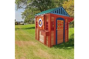 AOCOROE Outdoor Playhouse for Age 3-8 Years Boy Girl, Wooden Cottage Playhouse with 4 Game Awning Window, Ball Wall & Tetris. Play House for Outdoor Garden, Lawn, Patio, Yard.