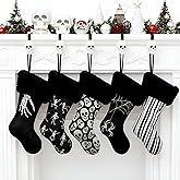Realspring 5 Pcs Black Gothic Christmas Stockings 18 Inches Skeleton Spider Web Black and White Stripes Skull Xmas Stocking Hanging Ornaments for Christmas Tree Candy Gift Storage Fireplace Decoration