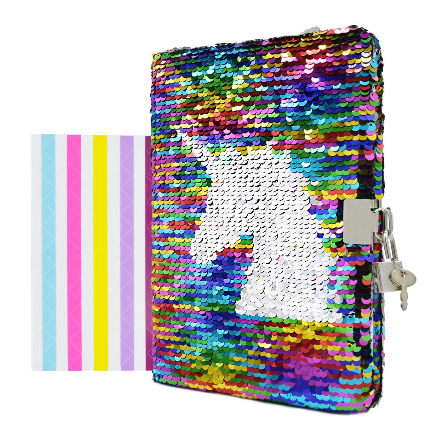 VIPbuy Reversible Sequin Notebook Diary with Lock and Key Lined Travel Journal w/Photo Corner for Kids Girls Gift, Size A5 (215 x140mm), 156 Pages, Colorful-Unicorn