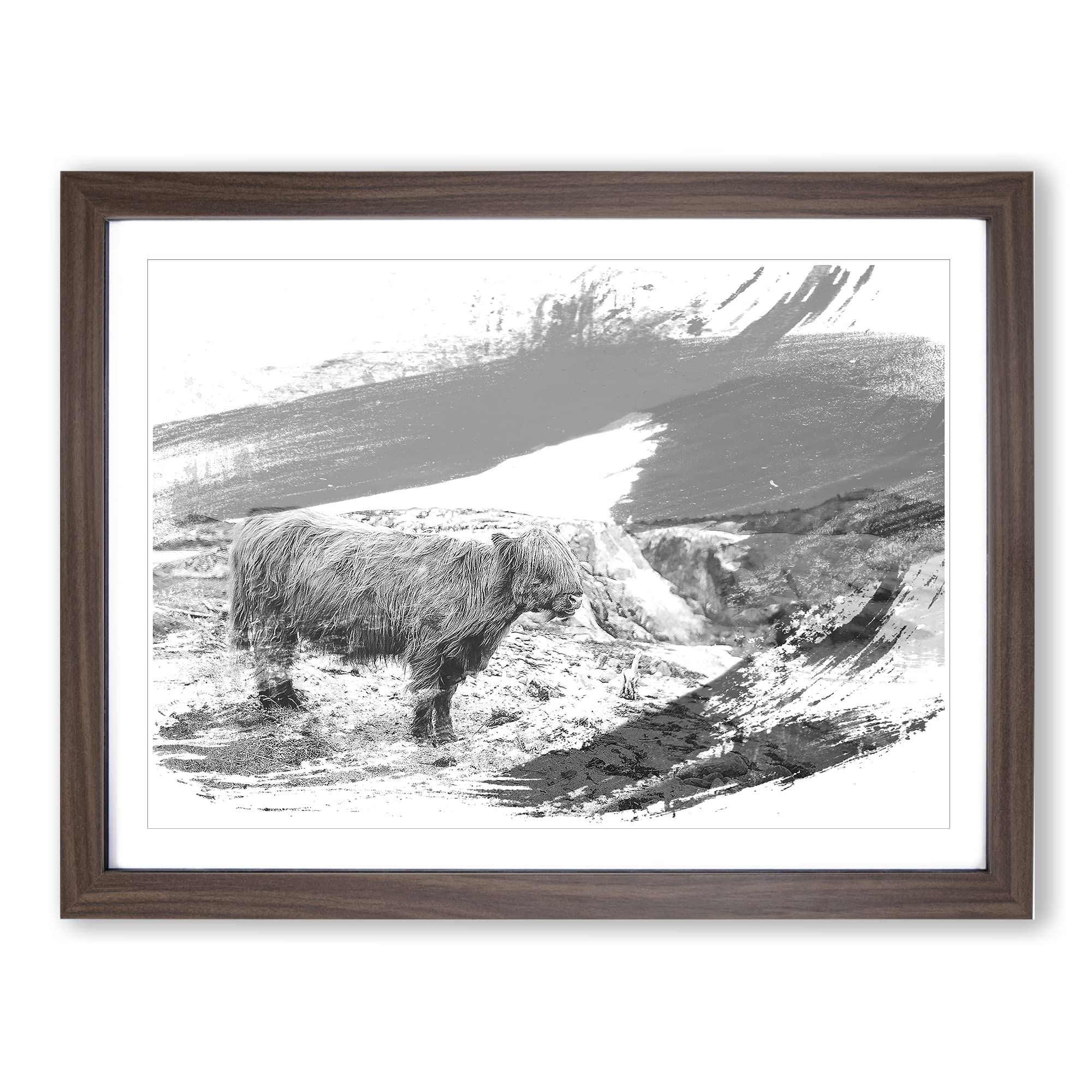 Highland Cow Landscape V1 Modern Framed Wall Art Print, Ready to Hang Picture for Living Room Bedroom Home Office Décor, Walnut A4 (34 x 25 cm)