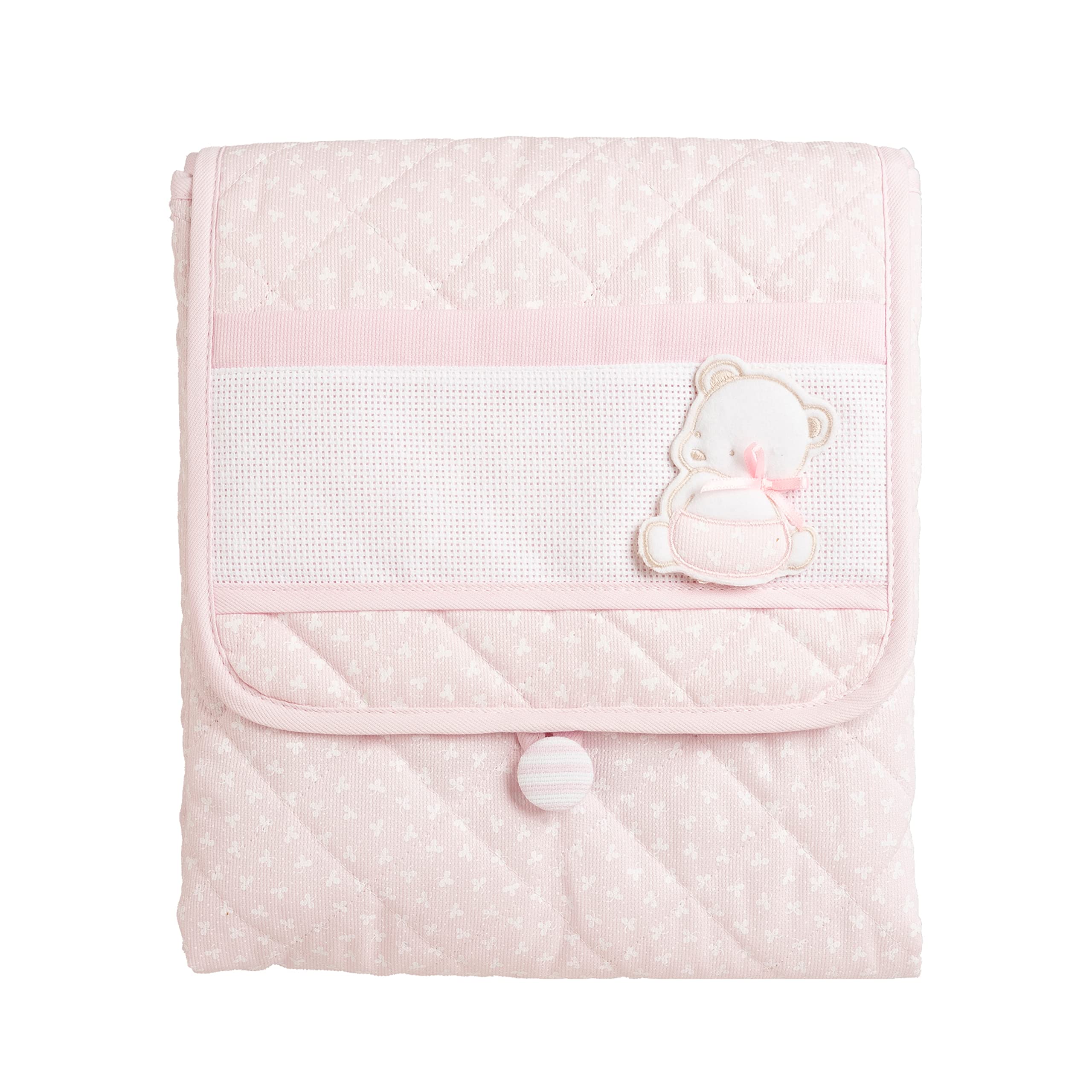 FILET - Travel Changing Mat, Portable Nappy Changing Mat, Made of Padded Cotton, with Aida Pocket for Embroidery, 100% Made in Italy, Pink Clover