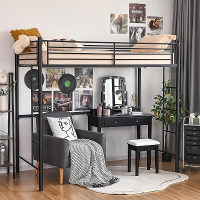 Giantex Metal Loft Bed Twin Size, Heavy Duty Loft Bed Frame with 2 Ladders, Twin Over Loft Bunk Bed with Full-Length Guard, Space-Saving Bed Frame for Kids Teens Adults, No Box Spring Needed (Black)