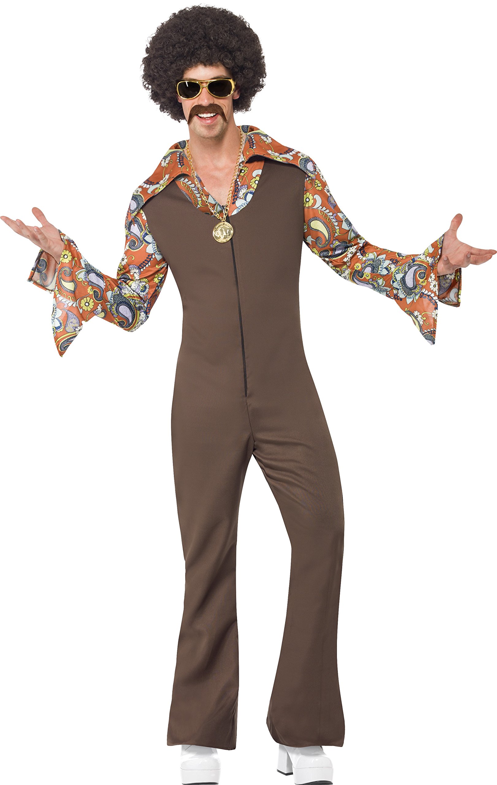 Smiffys Groovy Boogie Costume, Brown Jumpsuit with Attached Shirt, 1970's Disco Fancy Dress, Adult Dress Up Costumes