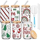 RimCereal 6 Pcs Christmas Glass Cups Gifts Bulk with Bamboo Lids and Straws 16 oz Candy Cane Snowflake Striped Iced Coffee Mugs Holiday Glass Tumblers Christmas Stuff for Women Men Coworker Family