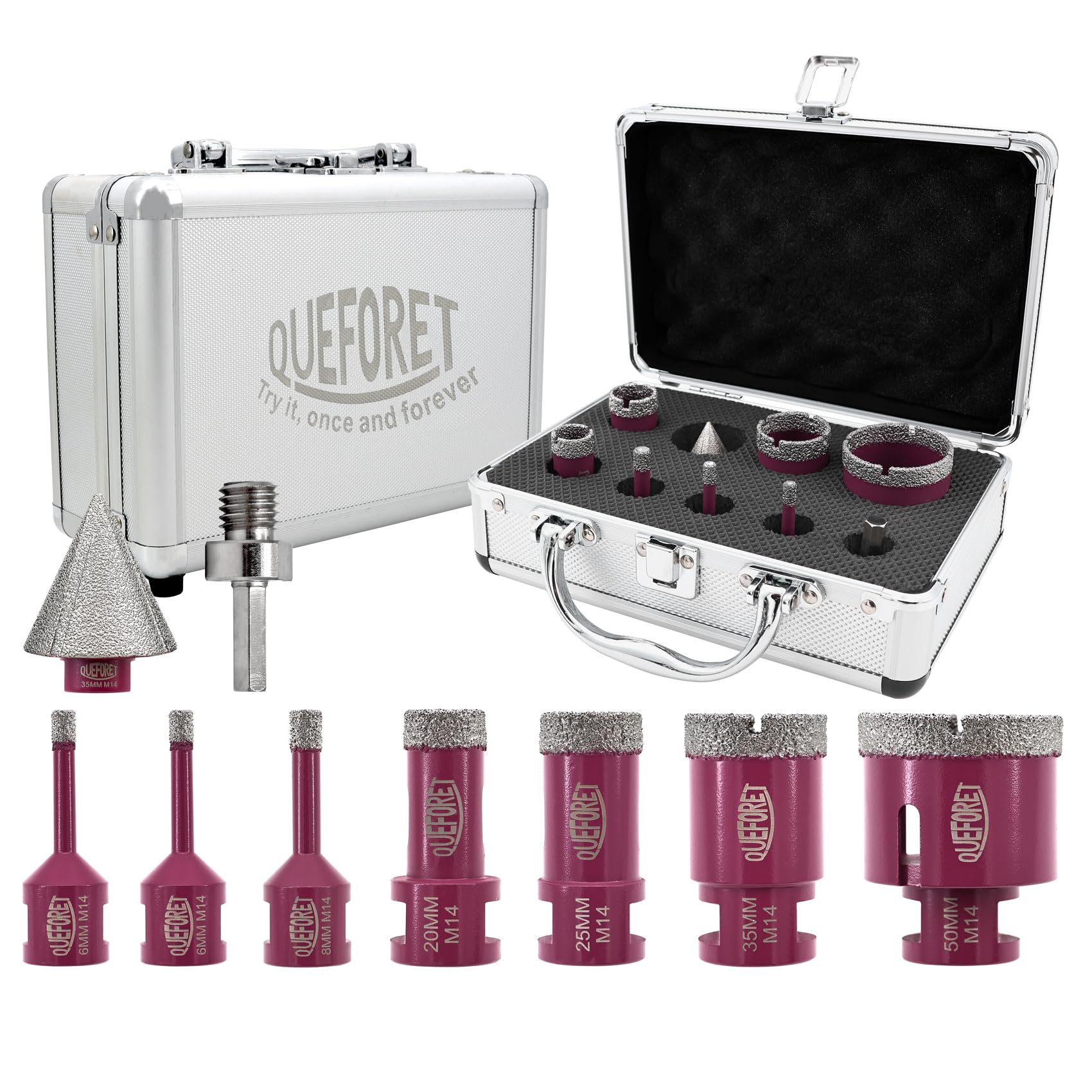 QUEFORET Diamond Drill Bits Set 9pcs - 7pcs 6/6/8/20/25/35/50mm x M14 Hole Saw, 1pc 35mm Beveling Chamfer Bit, 1pc M14 to Hex Adapter for Ceramic Porcelain Tile Marble Granite