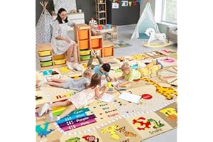 B BENRON 7x10 Playroom Rugs for Kids Washable, Educational and Fun Playmat with ABC Alphabet Animals Shapes Colors, Non-Slip Play Mat Learning Rug for Baby Toddler Children Game Activity，Beige, Pink