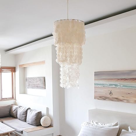 Modern Natural White Capiz Shell Chandelier Round Pendant