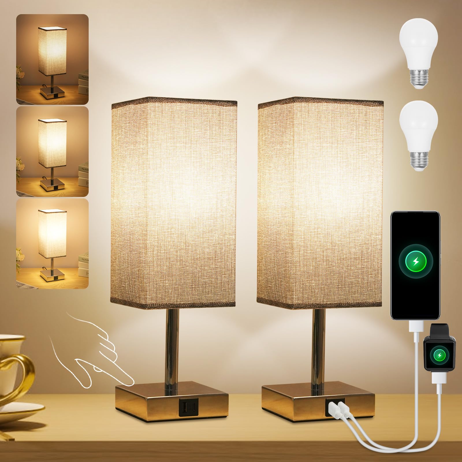 Neoglint Bedside Lamps Set of 2, Touch Control Table Lamps with USB-C+A Charging Ports and Bulbs, Fabric Shade Table Light with 3 Way Dimmable for Bedroom — image 1