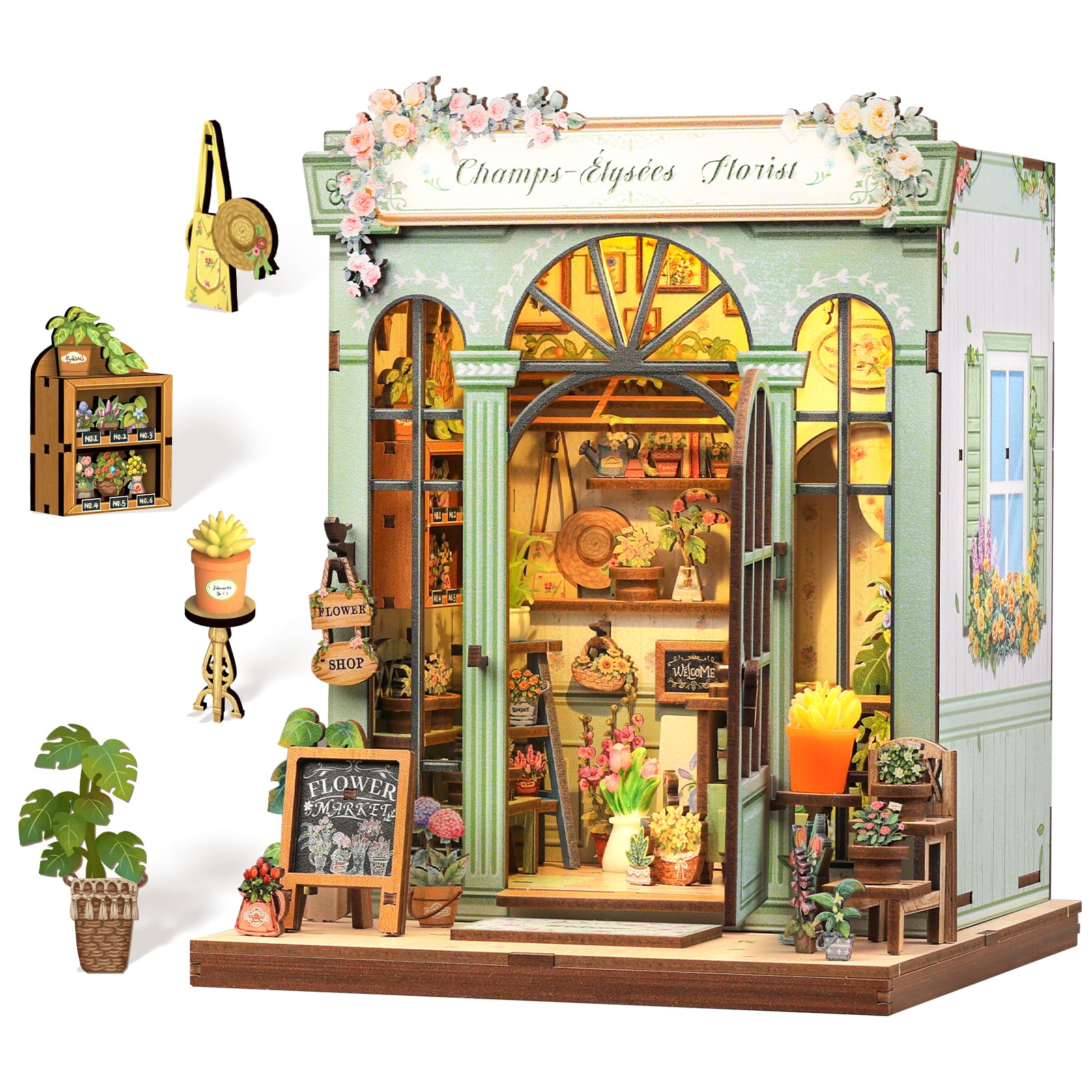 Cutefun Book Nook - DIY Miniature Dollhouse Kit for Adults Bookshelf Corner Booknook Flower Tiny House Bookshelf Decor Craft Gifts for Women Book Lovers (Champs-Élysées Florist) — image 1