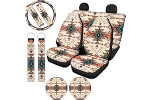 BYCHECAR Western Car Seat Covers for Women Full Set,Aztec Tribal Steering Wheel Cover,Seat Belt Cushion,Cup Holder,Wristlet Keychain Lanyard Universal