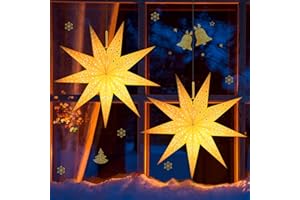 Enhon 2 Pack 20 Inch Paper Lanterns, 9 Point Warm White LED Star Lights with Plug, Collapsible Hanging Decor for Christmas Window Wall Room Yard