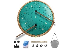 QINGSHI Steel Tongue Drum, 13 Inch 15 Notes Tongue Drums, C Major Drum Percussion Instruments, Handpan Drums with Music Book, Drum Mallets and Carry Bag (Malachite Green)