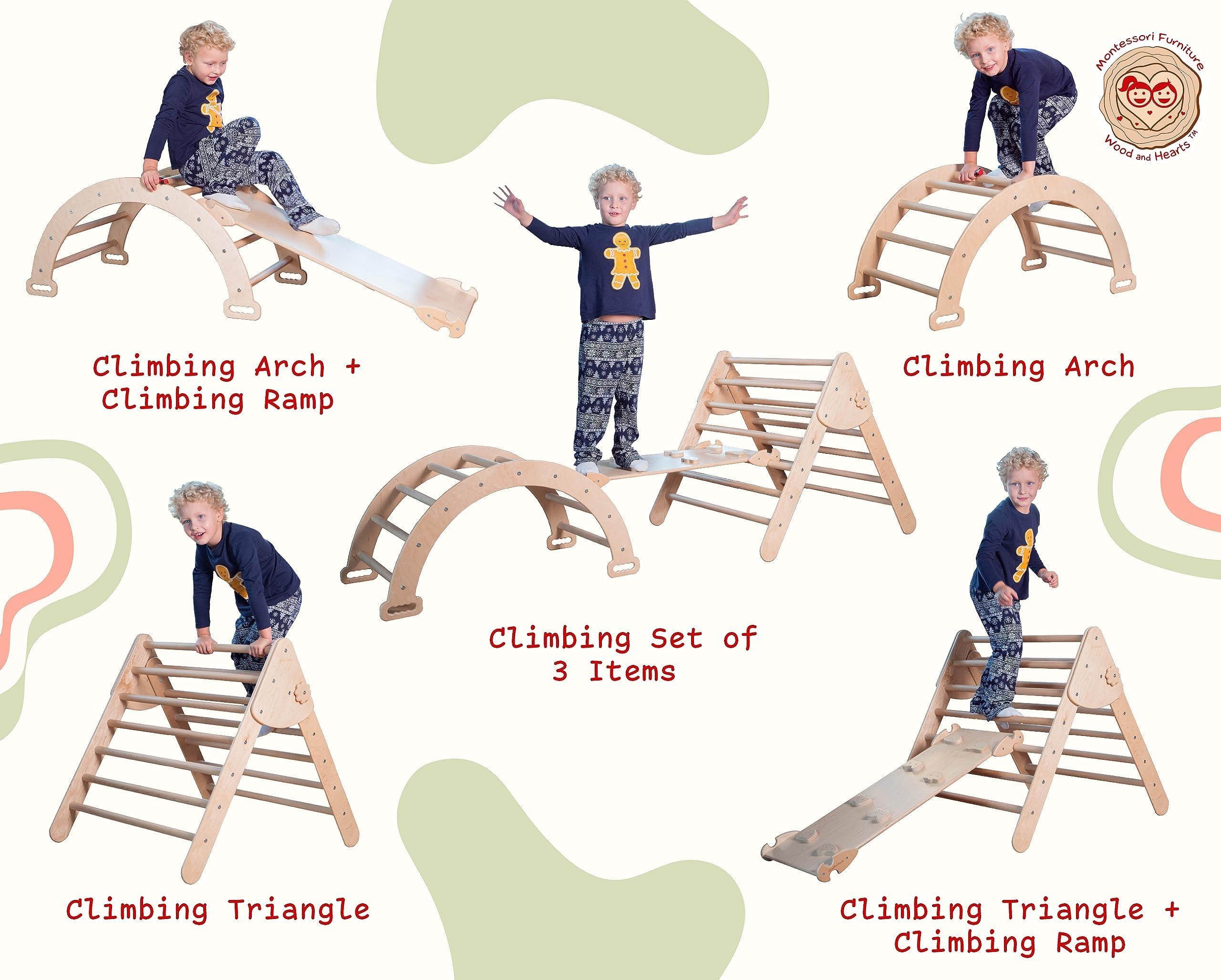 WoodandHearts Montessori Pikler Triangle Climbing Set - Foldable Climbing Triangle with Slide, Ramp, Arch - Wooden Toddler Climbing Toys Indoor Playground Jungle Gym for Kids Age 2-8