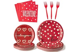 G1ngtar 96Pcs Valentine’s Day Heart Party Plates Supplies - Love Heart Party Tableware Decoration Red Heart Disposable Paper Plates Napkins Forks for Valentines Day Birthday Wedding, Serves 24