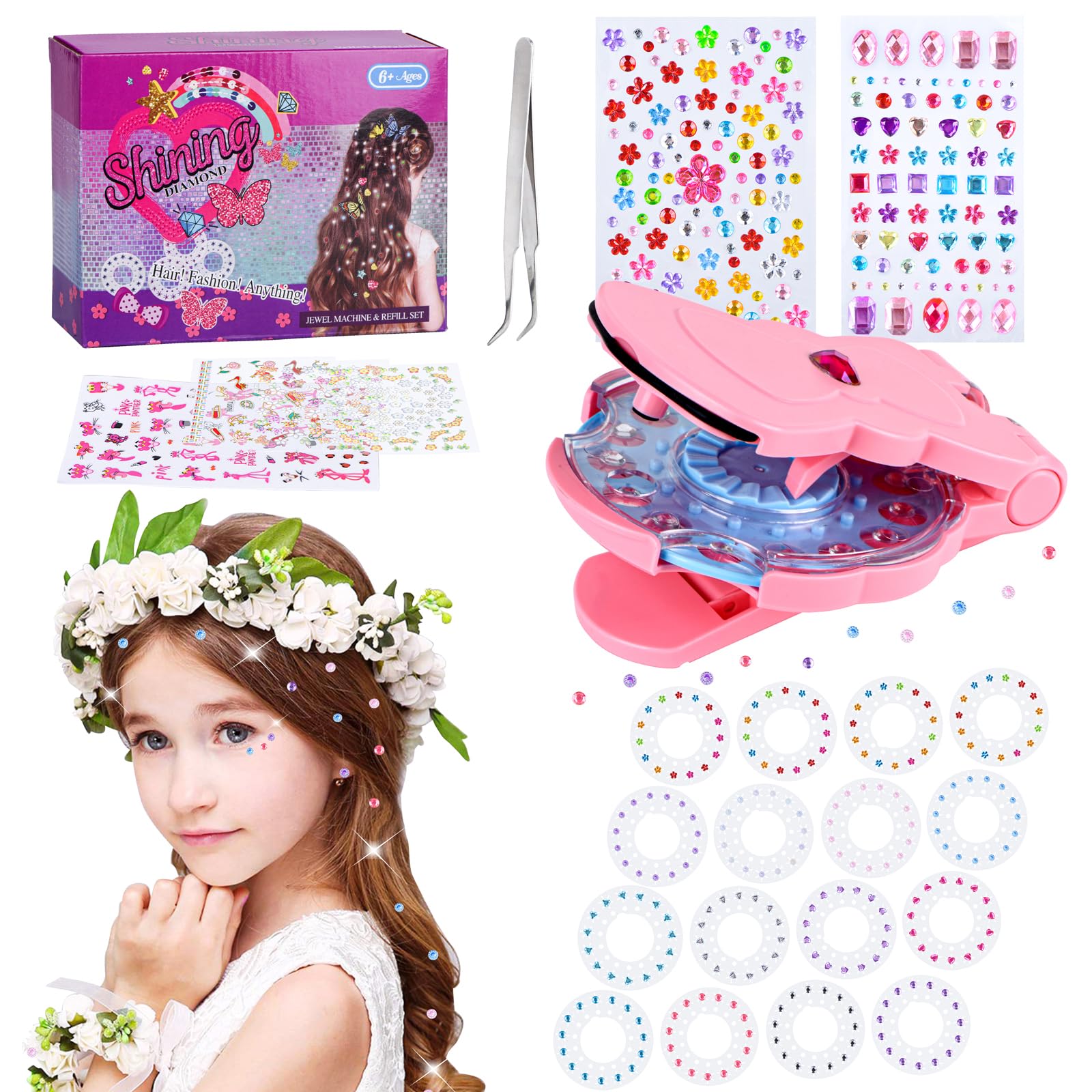 SEMKOTREE Hair Gem Stamper, Hair Gems Bedazzler Kit with 420 Rhinestones, Jewels Machine Stamp, Girls Toys Diamonds Stapler with Nail Stickers, Tweezers