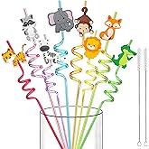 LEDUO Jungle Safari Animal Party Favors Drinking Straws- Party Supplies-24 PCS Reusable Plastic Straw with Cartoon Decoration for Kids Toddlers Zoo Birthday Party Goodie Bags Stuffers