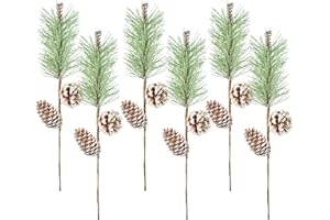 AULDHOME DESIGN AuldHome Pine Cone Picks (6-Pack); Frosted Evergreen Christmas Decor Floral Stems for Wreaths, Vases and Holiday Arrangements