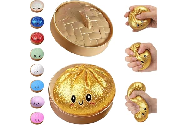 BCBU Glitter Dumpling Squishy,Dumpling Squishies,Glitter Dumpling Mystery Box,Colorful Dumpling Stress Balls Fidget,Jumbo Squishy Toy with Steamer Box,Soft Squeeze Decompression Dough (Glitter Gold)