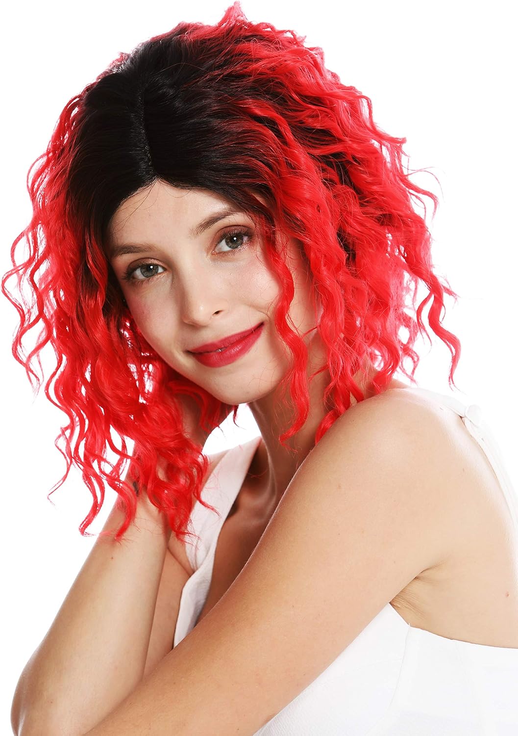 WIG ME UP - VK-15-MF-REDYS1B women's quality wig short shoulder length lace front partial monofilament very curly ombre black red - Image 4