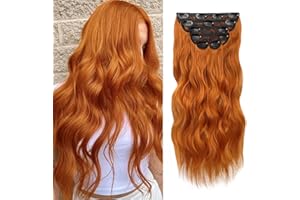 WECAN Clip In Hair Extensions 20 Inch 6pcs Copper Red Long Wavy Curly Hair Extensions Ginger Synthetic Fiber Double Weft Soft Hairpieces For Women Full Head