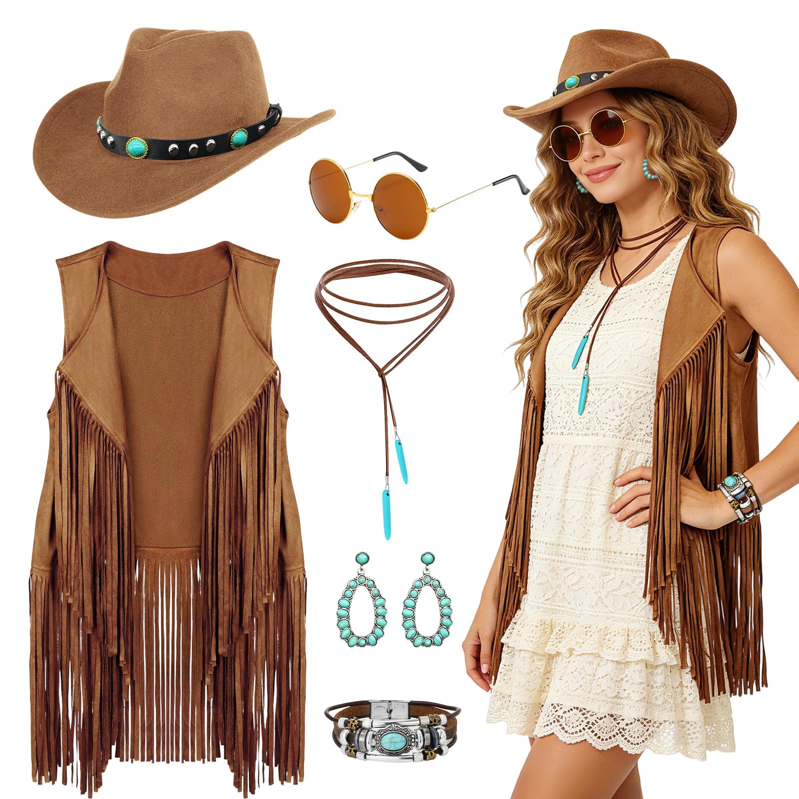 UxClishe 6Pcs Western Cowgirl Costume Set for Women, 70s Hippy Fancy Dress with Tassel Vest Hat Sunglasses Necklace Earrings Bracelet for Carnival Halloween Cosplay Parties