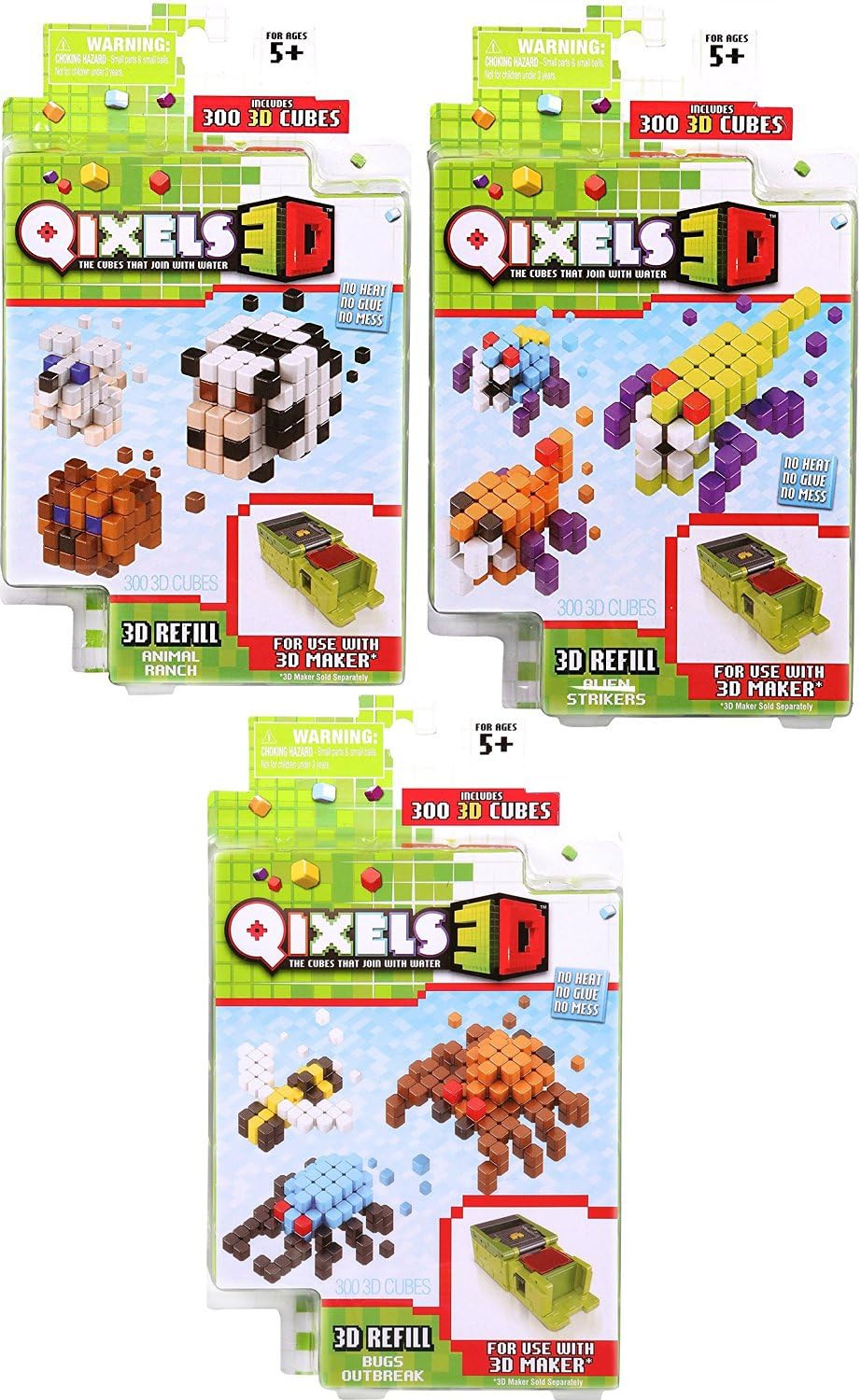 Qixels 3D Refill Cubes 3-Pack Alien Strikers / Animal Ranch + Bugs Outbreak - create creatures & figures + objects triple pack Spiders / Cows / Mice / and more