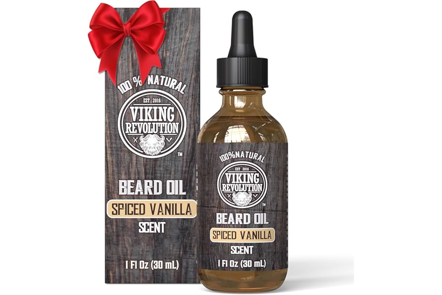Viking Revolution Spiced Vanilla Beard Oil for Men – Natural Mens Beard Oil with Argan and Jojoba Oil – Beard Softener, Strengthens and Moisturizes