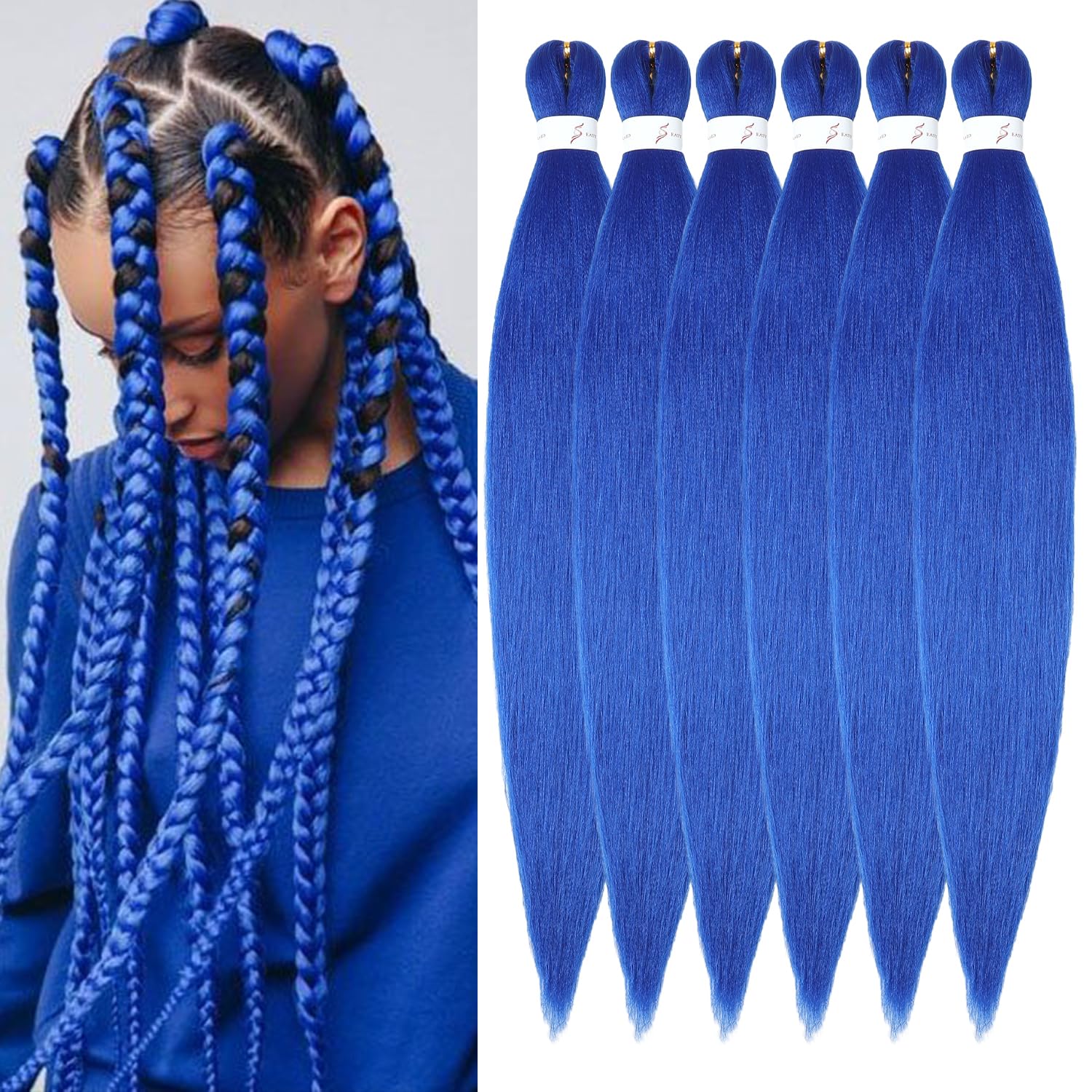 ShowJarlly Pre Stretched Braiding Hair Extensions 6Packs/Lot Natural Yaki Texture Hair Extensions Soft Synthetic Fiber Easy Braids Hot Water Setting DIY Box Braiding Hair (30inch,Blue) — image 1