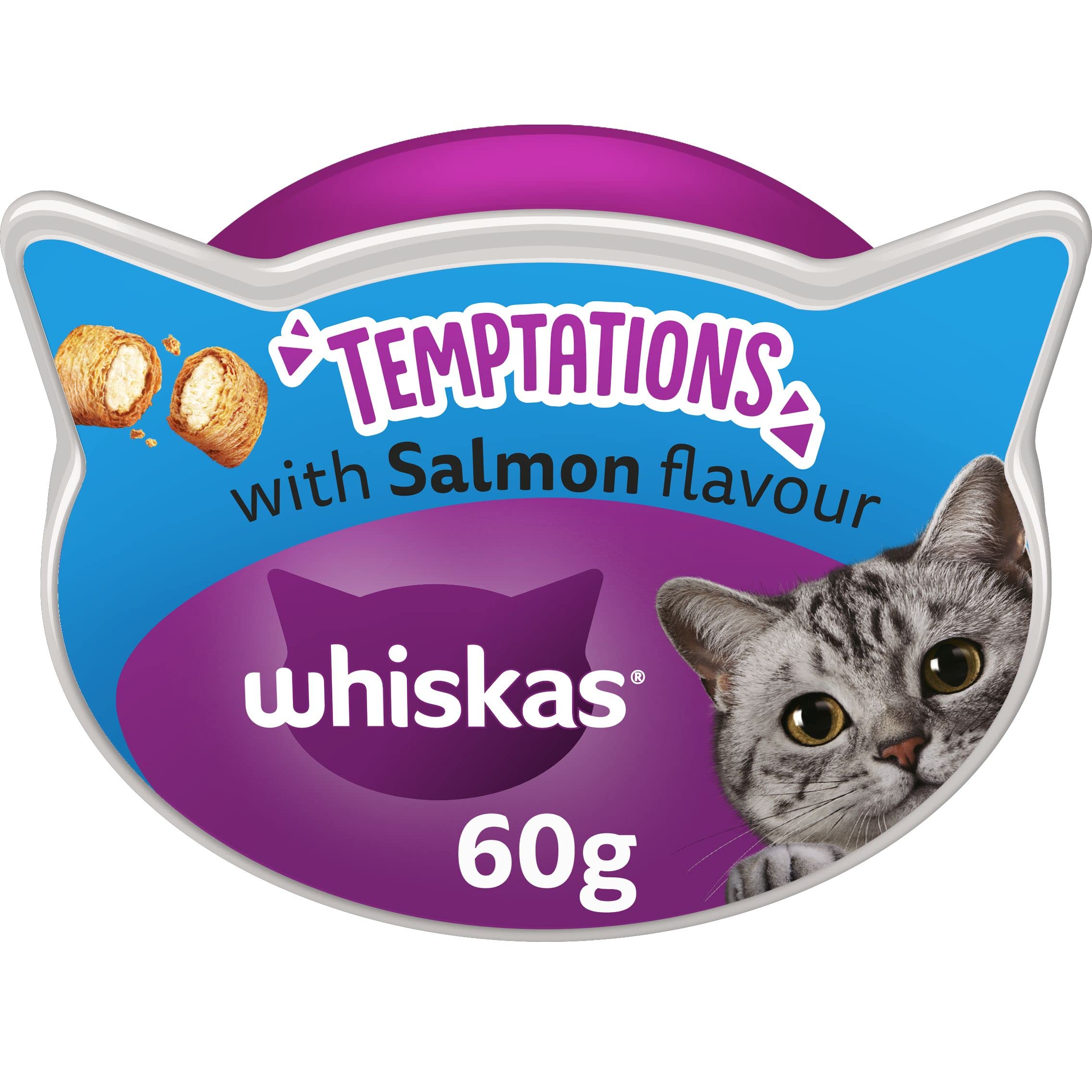 WHISKAS Temptations - Tasty, Crunchy Treats for Adult Cats, Small Bite Size Snacks with a Delicious Salmon Flavour Filling, 8 x 60 g Packets - Pack May Vary โ image 1