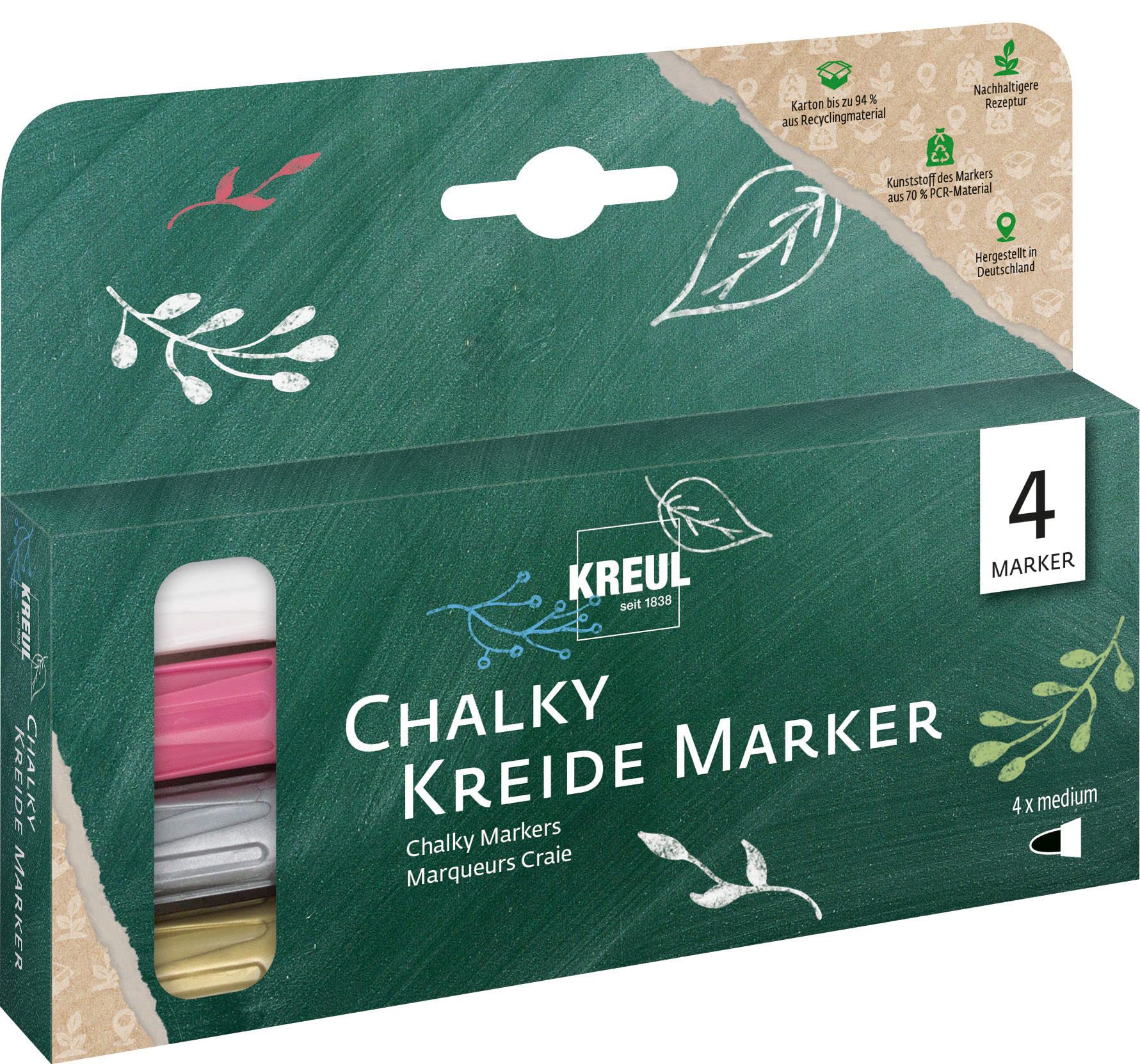 Kreul Chalky 22708 Chalky Chalk Marker, 4 Pens, Medium, Matte, Opaque, Non-fading, Quick Drying, Set of Non-Permanent Chalky Chalk Markers for Painting and Writing Boards
