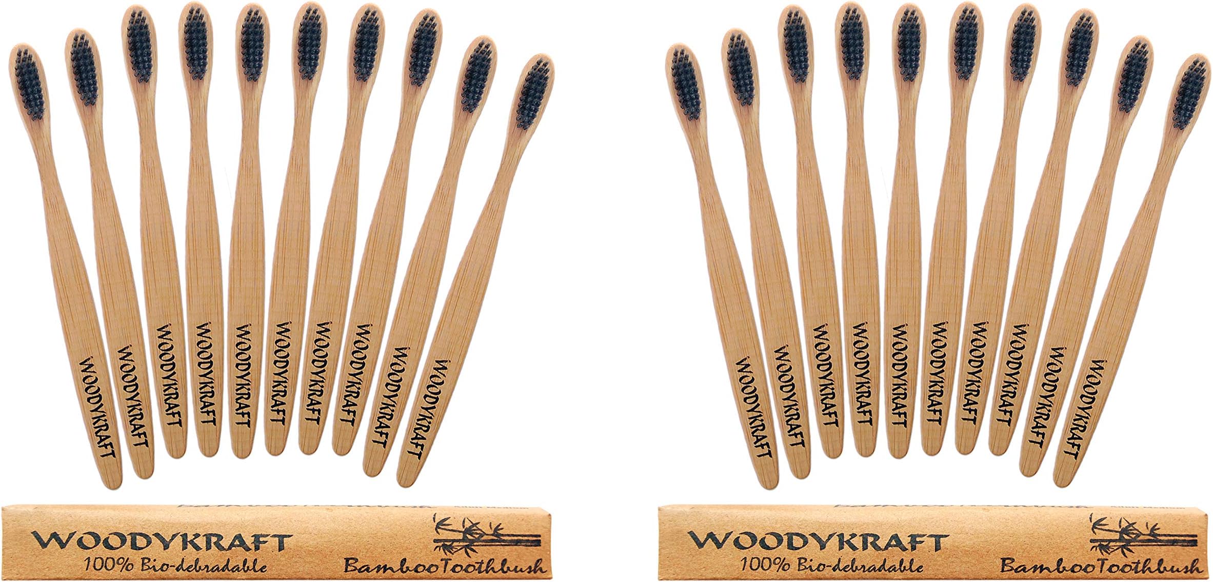 WOODYKRAFT Biodegradable, Eco friendly Adult Bamboo Toothbrush with charcoal bristles Pack of 20