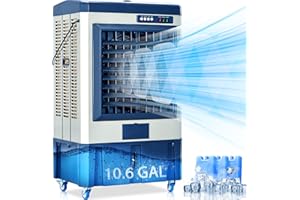 AKIRES 3531CFM Portable Swamp Cooler,41IN Evaporative Air Cooler for 970Sq.ft of Space,with Continuous Auto Fill,10.6-Gal Water Tank,120°Oscillation,3 Ice Packs,Cooling Fan for Outdoor,Indoor,Garage