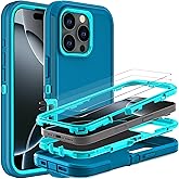 YKHJKLEC for iPhone 16 Pro Case, Military Grade 3 in 1 Heavy Duty Shockproof/Drop Proof/Dust Proof Case with 2Pcs Tempered Glass Screen Protector (Blue/Turquoise)
