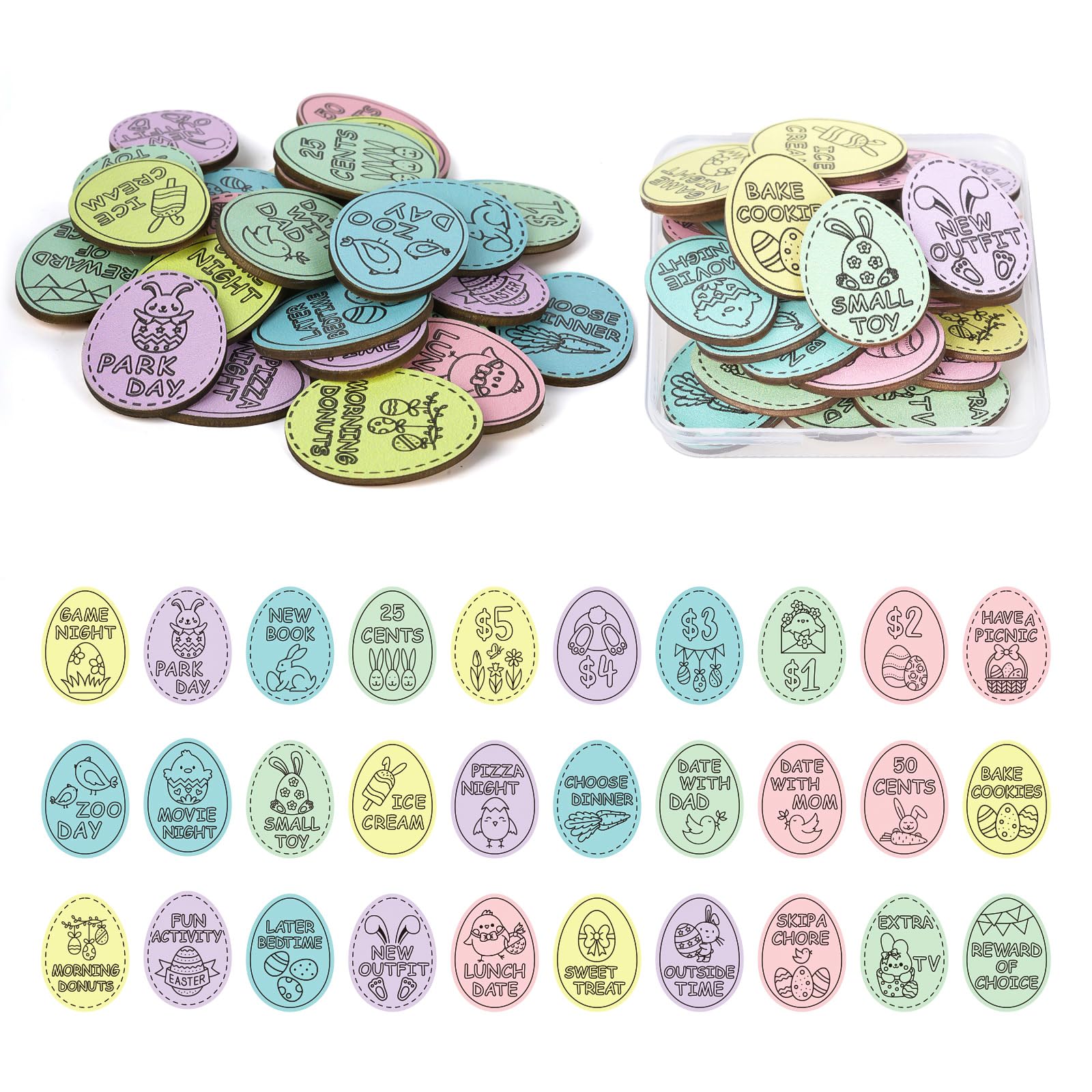 Hedeey Easter Egg Fillers,30 Pack Wooden Easter Egg Tokens for Kid,Easter Stufers with 30 Diffrent Engraved Sayings,Eater Filled Actity for Kids Teens Toddler Girls Boys(Egg)