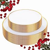 LIYH 60 Pcs Gold Plastic Plates Disposable - White Plastic Plates for Party/Weddings Include 30 White Gold Rim Dinner Plate 10.25" & 30 Dessert Plate 7.5 "