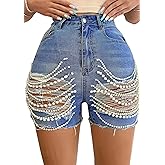 Quzzion Women's Pearls Chain Denim Shorts Ripped Distressed Jean Shorts with Pockets