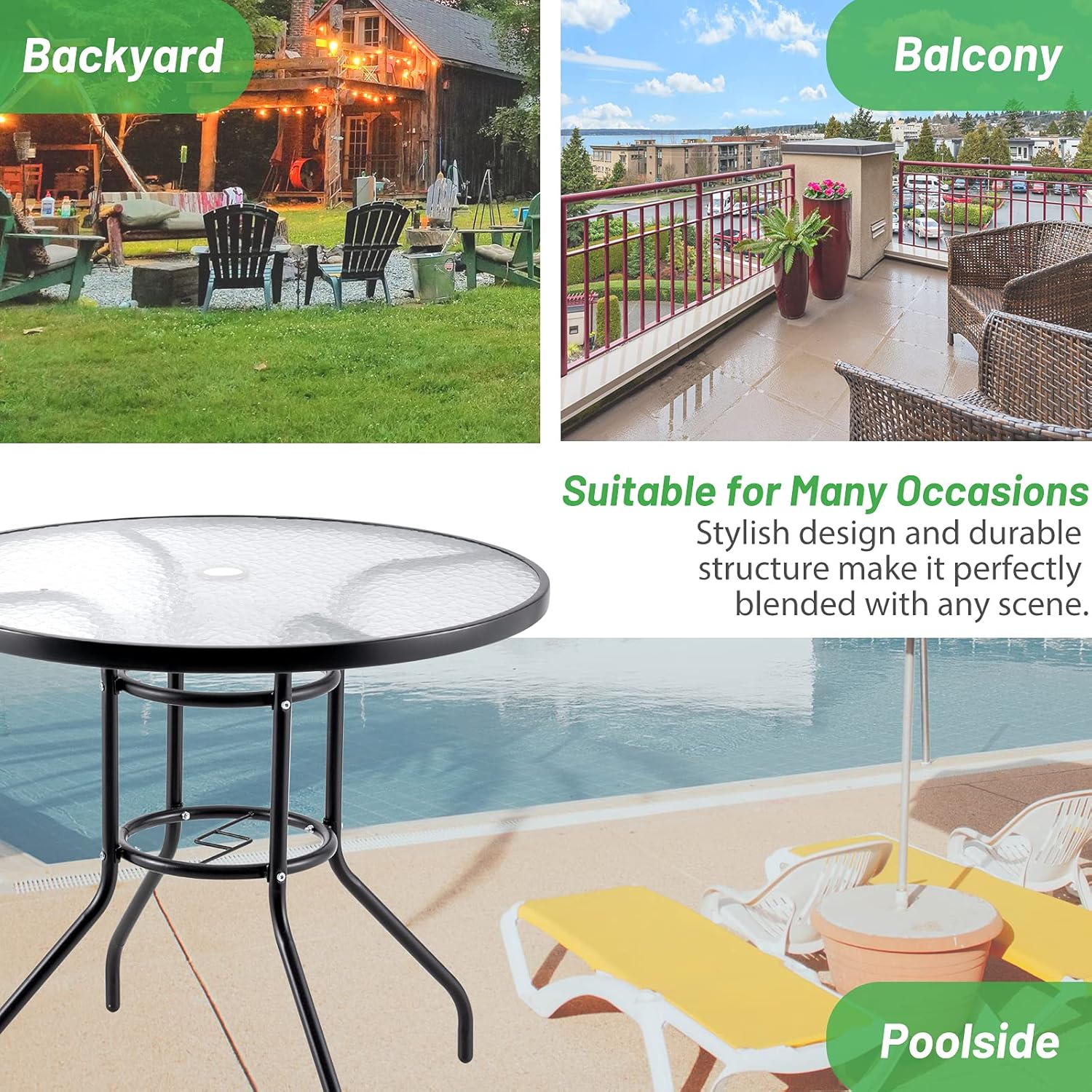 Outdoor Patio Dinning Table, 32In Outside Round Bistro Glass Tables with Tempered Glass Top and Umbrella Hole, Wrought Iron Frame Patio Table for Patio Backyard Garden Balcony: Kitchen & Dining