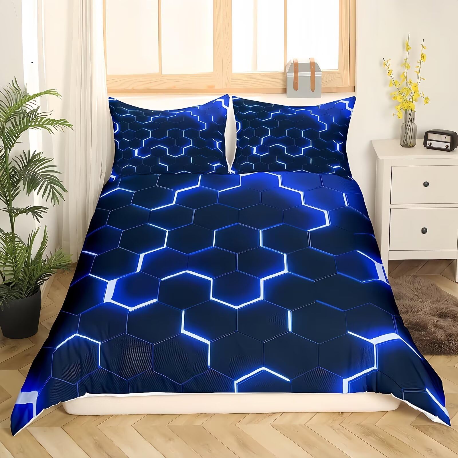 Tabeskly Boy Hexagon geometry Bedding Duvet Covers Set Double, Kids Graffiti Soft Zipper Childrens Full Bed 3 Piece Quilt Covers and Pillowcases Black Blue 200×200cm