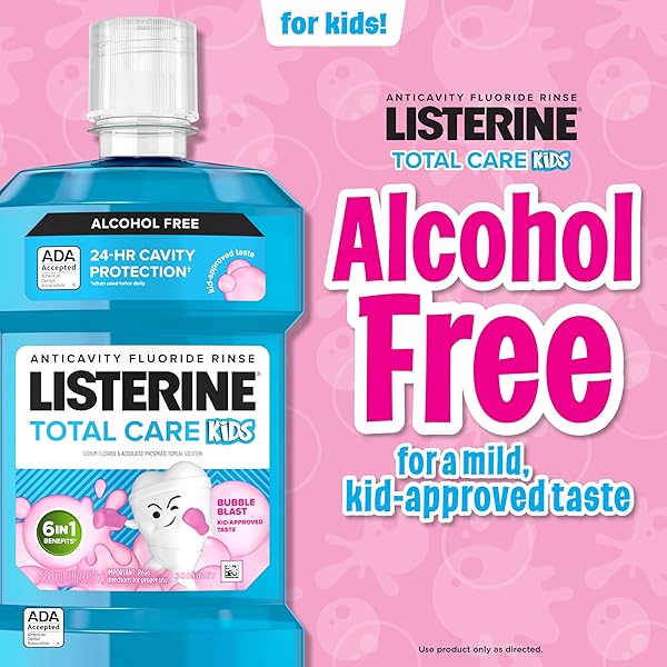 LISTERINE TOTAL CARE KIDS MOUTHWASH, ADA ACCEPTED, ALCOHOL-FREE ANTICAVITY FLUORIDE MOUTHWASH, CHILDREN’S MOUTHWASH FOR CAVITY PROTECTION AND FRESH BREATH, BUBBLEGUM FLAVOR, 500 ML, PACK OF 3