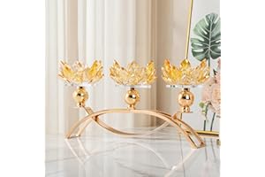 Dounx Crystal Candle Holders Lotus Candelabras Gold Arch Candlestick, Centerpiece Table, Home Hecor for Wedding, Dinning Room, Coffee Table, Kitchen, Living Room, Entryway (3 Arms, Tealight Candle)