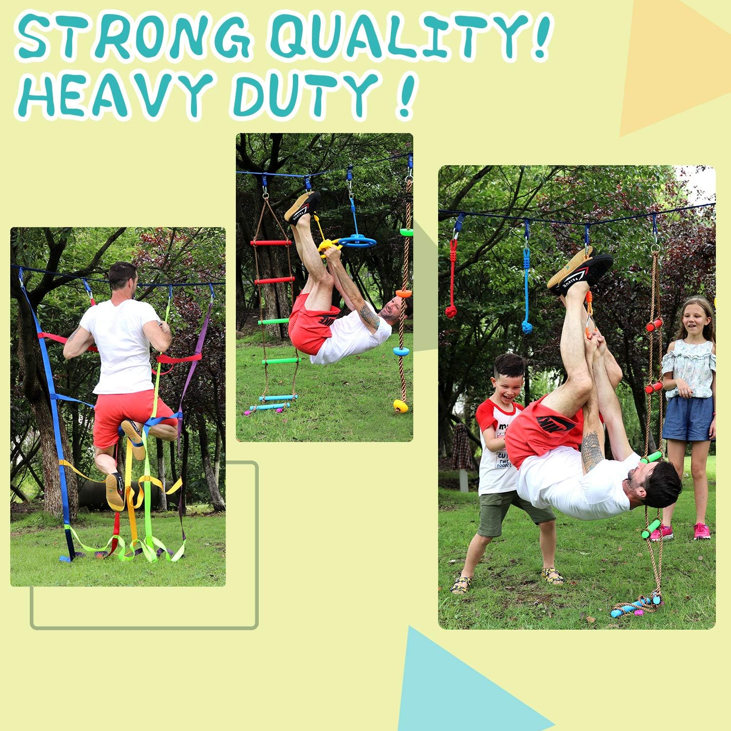 Rainbow Craft 50ft Ninja Warrior Obstacle Course for Kids - Ninja Slackline with 17 Removable Buckle Loops, Ninja Course Training Equipment, 12 Ninja Accessories, Ninja Course for Kids Outside: Toys & Games